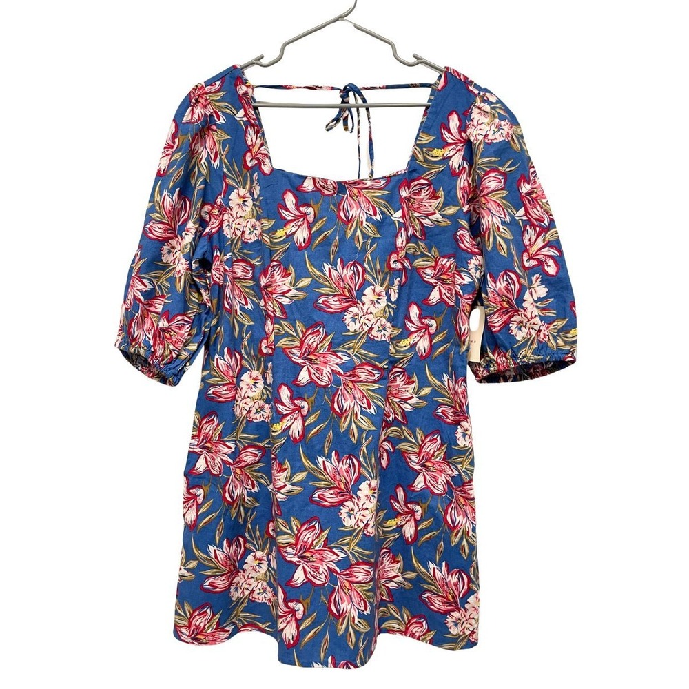 NWT A New Day Target Floral Linen Blend Mini Dress Blue Pink Puff Sleeve XL
